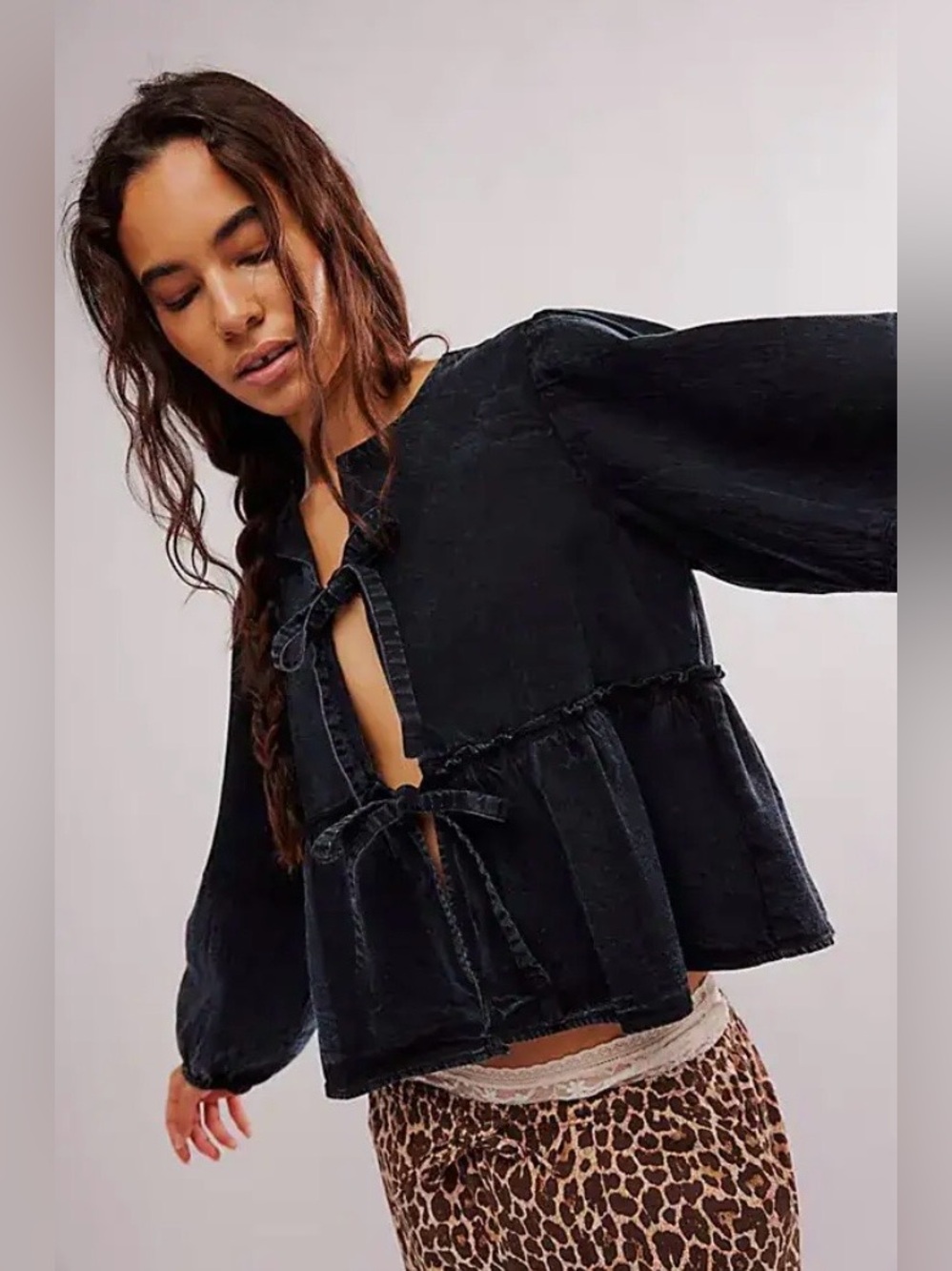 Free People Black Denim Peplum Tie-Front Blouse